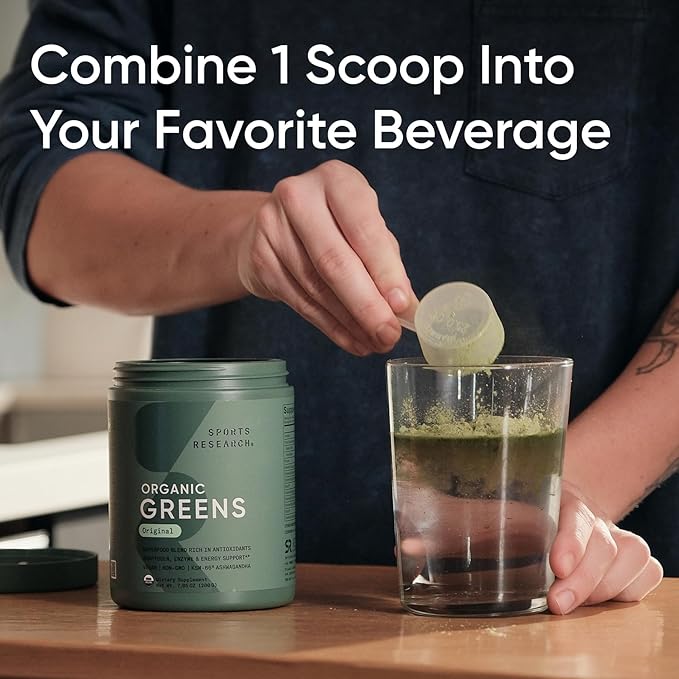 Sports Research® Organic Greens Superfood Powder w/Spirulina & Chlorella, Adaptogens, Enzymes, Probiotics & B Vitamins for Gut & Mood Support* - Vegan, Sugar-Free & Low Cal - 20 Servings