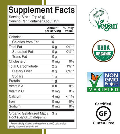 Viva Naturals Organic Maca Powder - Gelatinized Maca Powder Organic, Pervuian Superfood Traditionally Used for Energy, Certified Organic, Gluten-Free & Non-GMO, 16 Oz (1 lb) Bag