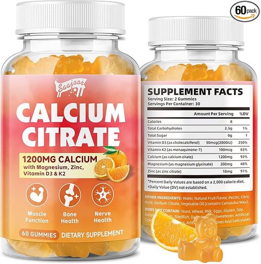 Calcium Citrate Gummies 1200 mg with Vitamin D3, K2, Magnesium, Zinc, Bone Support for Bones, Muscles & Joints,Immunity & Memory Support, 60 Count