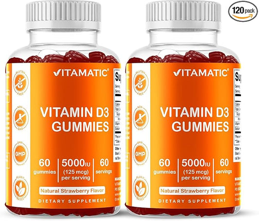 Vitamatic Vitamin D3 Gummies – 5000 IU Per Gummy | 60 Gummies per Bottle | Pack of 2 (Total 120 Count) Great Taste | Supports Bone, Teeth, Mood, Joint & Immune Health