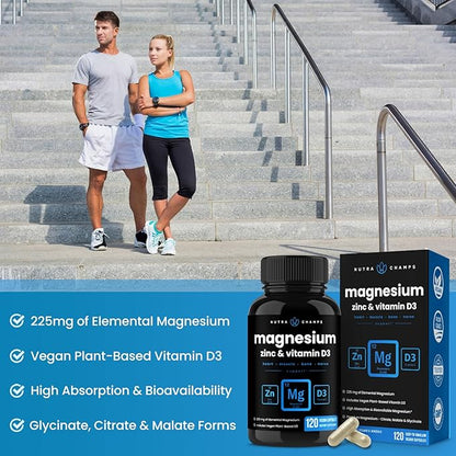 NutraChamps Magnesium Zinc & Vitamin D3 Supplement 120 Vegan