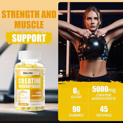 Creatine Monohydrate Gummies 5000mg for Men & Women, Chewables Creatine Monohydrate for Muscle Strength, Muscle Builder, Energy Boost, Pre-Workout Supplement-90 Pineapple Gummies