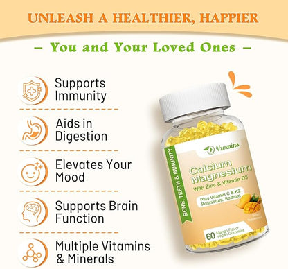 High Absorption Calcium Gummies, Sugar Free Calcium Magnesium Supplement with Vitamin D3 K2 for Bone & Teeth Strength, Muscle Function - Vegan, Mango Flavor 120 Cts