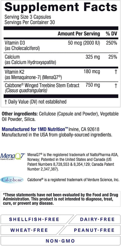 1MD Nutrition OsteoMD for Comprehensive Bone Support | with Calcium Hydroxyapatite, Vitamin D3 & K2 | 180 Capsules (2-Pack)