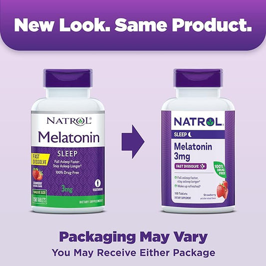 Natrol Melatonin 3mg, Strawberry-Flavored Dietary Supplement 150 Fast-Dissolve 150 Day 12)