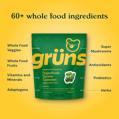 Gruns Adult Sugar-Free Super Greens Gummies - Superfood Gummy Bears with Spirulina, Chlorella & Prebiotics for Digestive Health - Adaptogens Supplement with 20 Vitamins & Minerals - 1 Month Supply