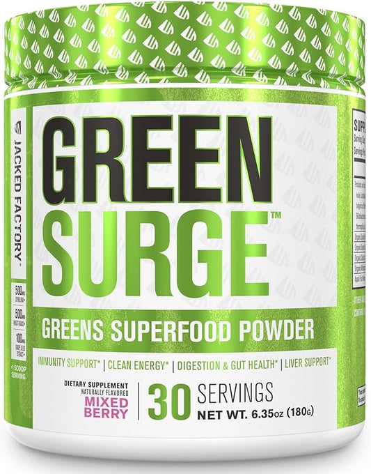 Jacked Factory Green Surge Green Superfood Powder - Keto Friendly Greens Drink w/Spirulina, Wheat & Barley Grass, Organic Greens - Green Tea Extract, Probiotics & Digestive Enzymes - Mixed Berry