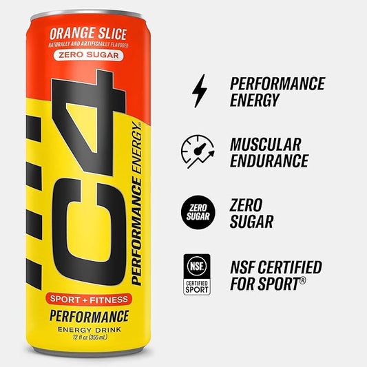 Cellucor C4 Performance Energy Drink | Zero Sugar Carbonated Preworkout Energy | 150mg Caffeine with Beta Alanine | Orange Slice | 12 Fl Oz (12 Pack)