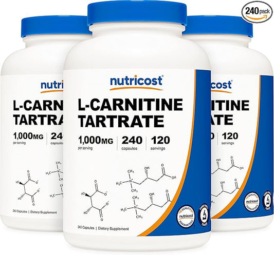 Nutricost L-Carnitine Tartrate 500mg, 240 Capsules - 1000mg Per Serving (3 Bottles)