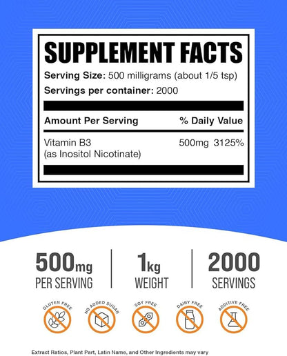 BulkSupplements.com Flush Free Niacin Powder - as Inositol Hexanicotinate, Vitamin B3 Supplement, Niacin 500mg Flush Free - Gluten Free, 500mg of per Serving, 1kg (2.2 lbs) (Pack of 1)