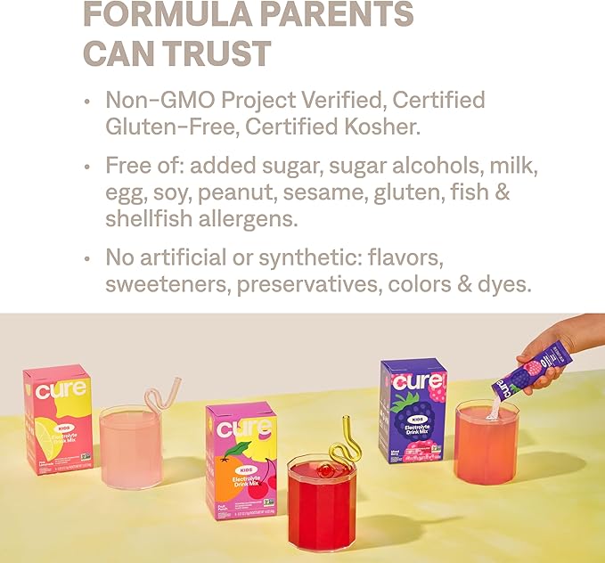 Cure Hydration - Kids Electrolyte Drink Mix | Plant-Based Pediatrician Formulated Rehydration | No Added Sugar, Non-GMO, Gluten-Free, No Artificial Flavors, FSA & HSA | Box of 6 Packets - Fruit Punch