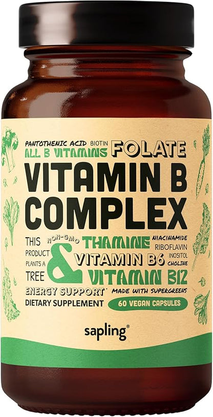 sapling Vegan Vitamin B Complex B1, B2, B2, B3, B3, B5, B5, B6, B6, B7, B7, Folate, B12-60 Caps