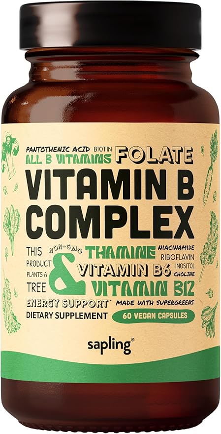 sapling Vegan Vitamin B Complex B1, B2, B2, B3, B3, B5, B5, B6, B6, B7, B7, Folate, B12-60 Caps