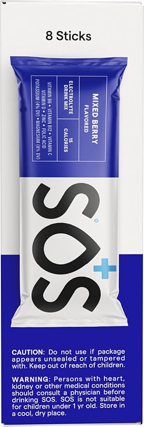 SOS Hydration Electrolyte Powder Packets, Mixed Berry Flavor, 8 Stick Packs – Low-Calorie, Rapid Rehydration, Made in USA, Keto & Vegan Friendly