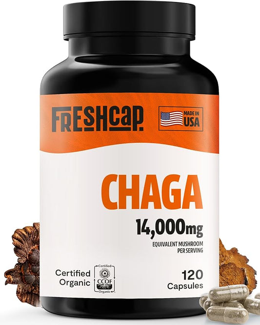 FreshCap Chaga Mushrooms Capsules 14,000mg - Chaga Mushroom Supplement, Mushroom Extract Antioxidants Supplement, Mushrooms Herbal Supplements, Ayurveda Nootropic Immunity Supplement (120 Capsules)