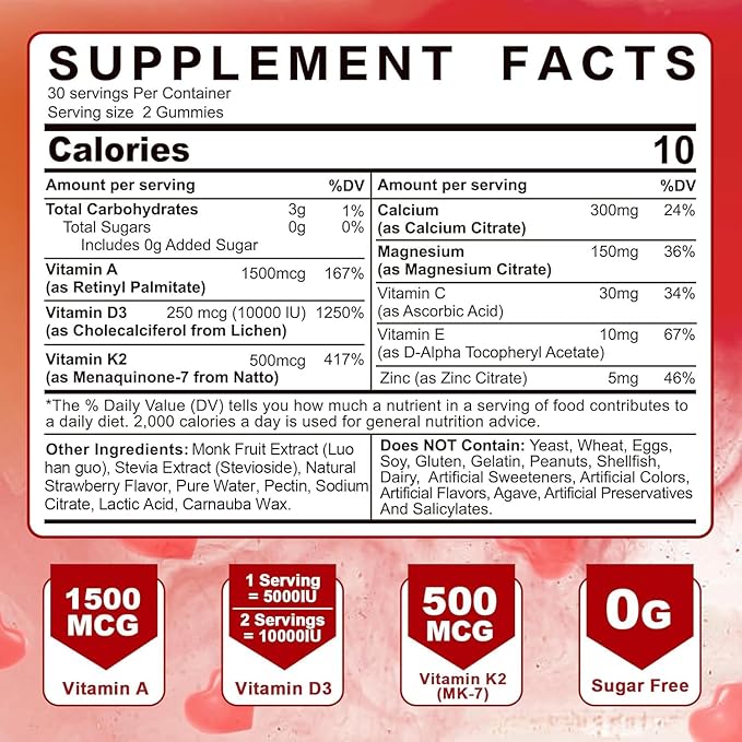 Vitamin A D3 K2 Gummies 5000IU 10,000 IU D3 with 10 Vitamin K2 MK-7 MK-7 500mcg 500mcg for 2Packs