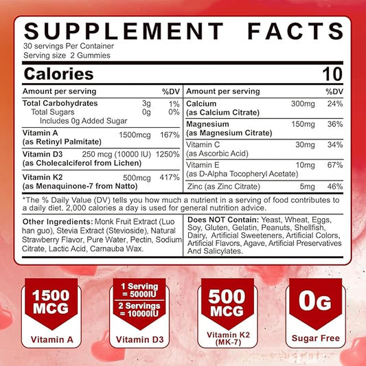 Vitamin A D3 K2 Gummies 5000IU 10,000 IU D3 with 10 Vitamin K2 MK-7 MK-7 500mcg 500mcg for 2Packs