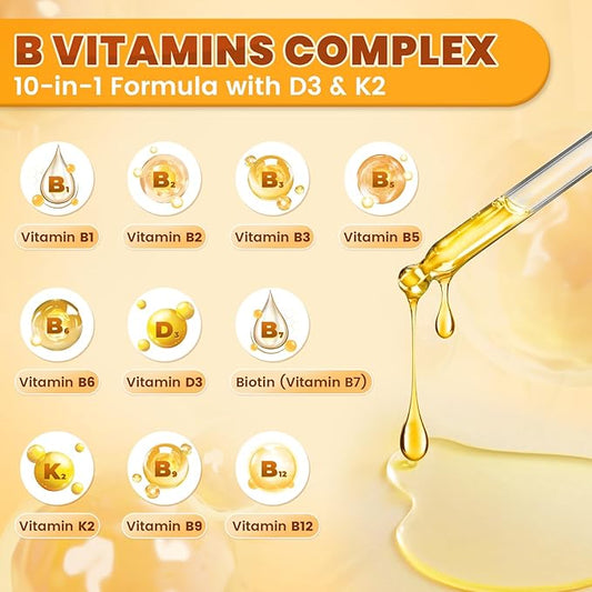 Vitamin B Complex Liquid Drops B B1, B2, B2, B3, B3, B6, B6, B7, B7, B12 B12 Biotin D3+K2 Supports 2 fl.