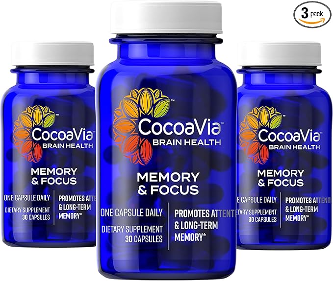CocoaVia Memory & Focus Brain Supplement, 90 Day, Cocoa Flavanol Blend, Lutein, Added Caffeine for Boost. Improve Cognitive Function, Attention, Vegan & Plant Based, 90 Capsules