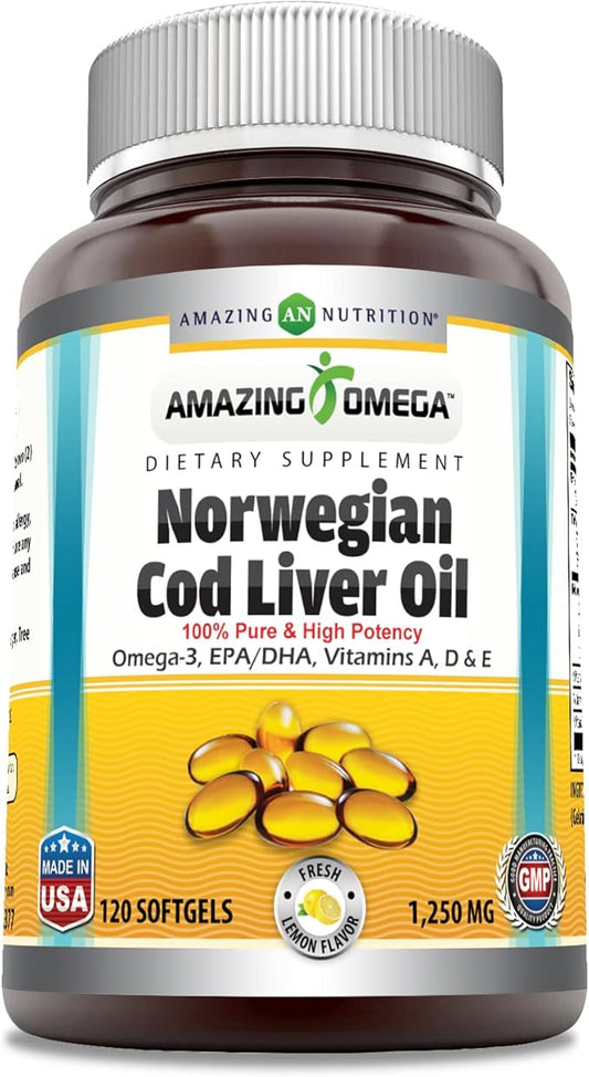 Amazing Omega Norwegian Cod Liver Oil 1250 Mg Omega-3, EPA, 120 Count)
