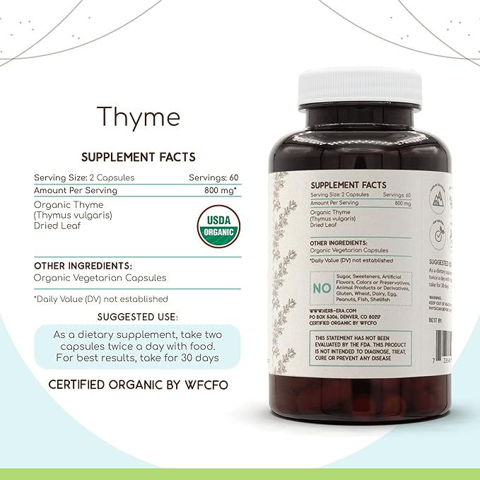 Thyme 120 Capsules, 800 mg, USDA (120 Capsules)
