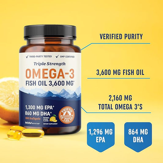 Triple Strength Omega 3 Fish Oil 3600 mg 2100mg of Omega-3 Fatty 1300mg EPA 860mg DHA (180 Ct)