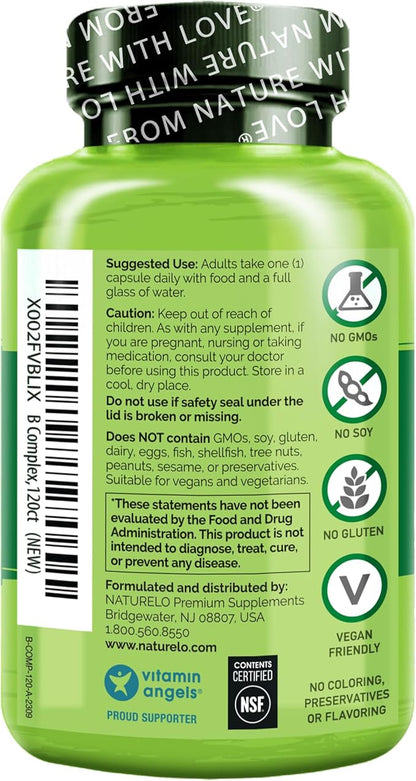 NATURELO Vitamin B Complex with Methyl B12, Methyl B6, Biotin CoQ10, and 120 Capsules