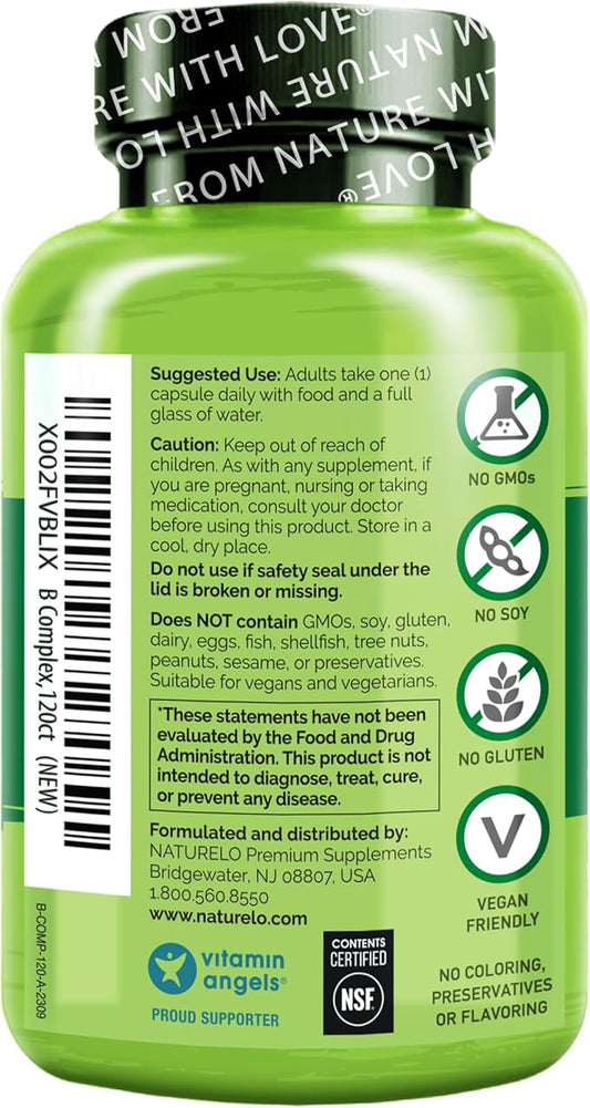 NATURELO Vitamin B Complex with Methyl B12, Methyl B6, Biotin CoQ10, and 120 Capsules
