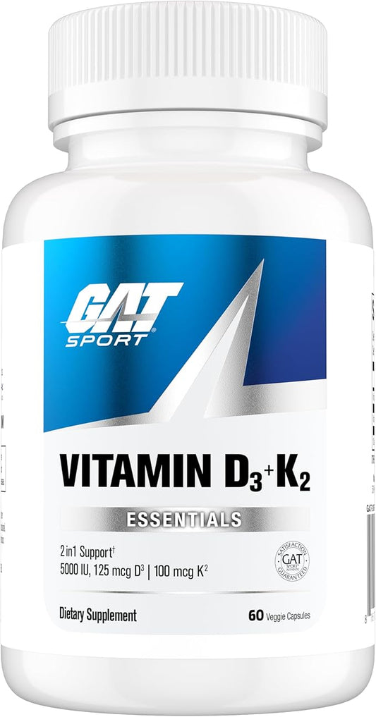 GAT SPORT Vitamin D3 K2, 5000 IU (125 mcg) Vitamin D, 60 Day Supply, Dietary Supplement for Bone, Teeth, Muscle and Immune Health Support, 60 Veggie Caps