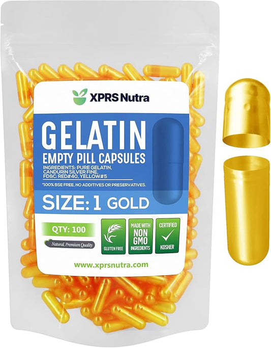XPRS Nutra Size 1 Empty Capsules - 100 Count Empty Gelatin Capsules - Empty Pill Capsules - DIY Capsule Filling - Pure Bovine Pill Capsules Empty Gel Caps (Gold)