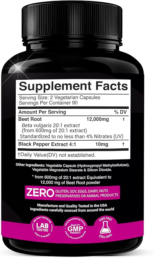 Beet Root Extract Capsules - 12000mg 20x Concentrated Beet Root Capsules Supplement w/Black Pepper - High Nitrates - Natural Nitric Oxide Booster - Highly Concentrated & Bioavailable -180 Veggie Caps