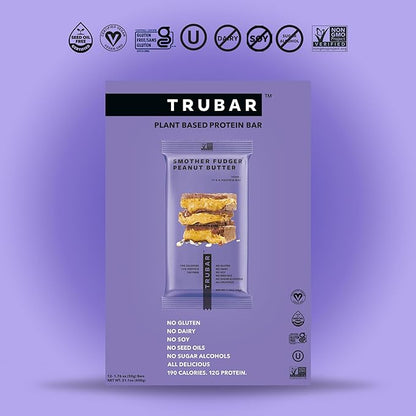 TRUBAR Vegan Protein Bar, Smother Fudger Peanut Butter, Gluten Free, Plant Based, High Fiber, Dairy Free, Low Fat, Non GMO, No Sugar Alcohols, 12G Lean Protein, 13G Fiber, Healthy Snack Bars, 12 CT