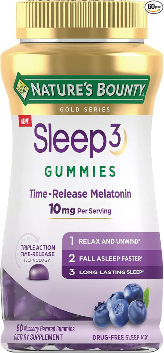 Nature's Bounty Sleep3 Gummies, Triple Action 10mg, Blueberry 60 Gummies