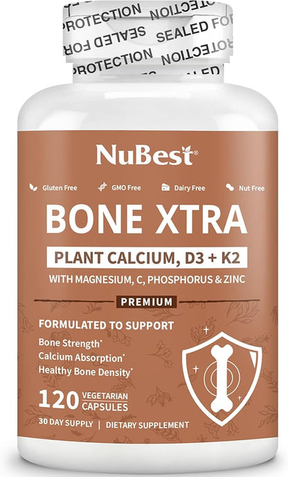 Bone Xtra Plant-Based Bone Strength Formula with Calcium, Magnesium from Marine Algae, Phosphorus, Vitamin C, K2, D3 | Immunity & Maximum Calcium Absorption | 120 Vegetarian Capsules | 1 Month Supply