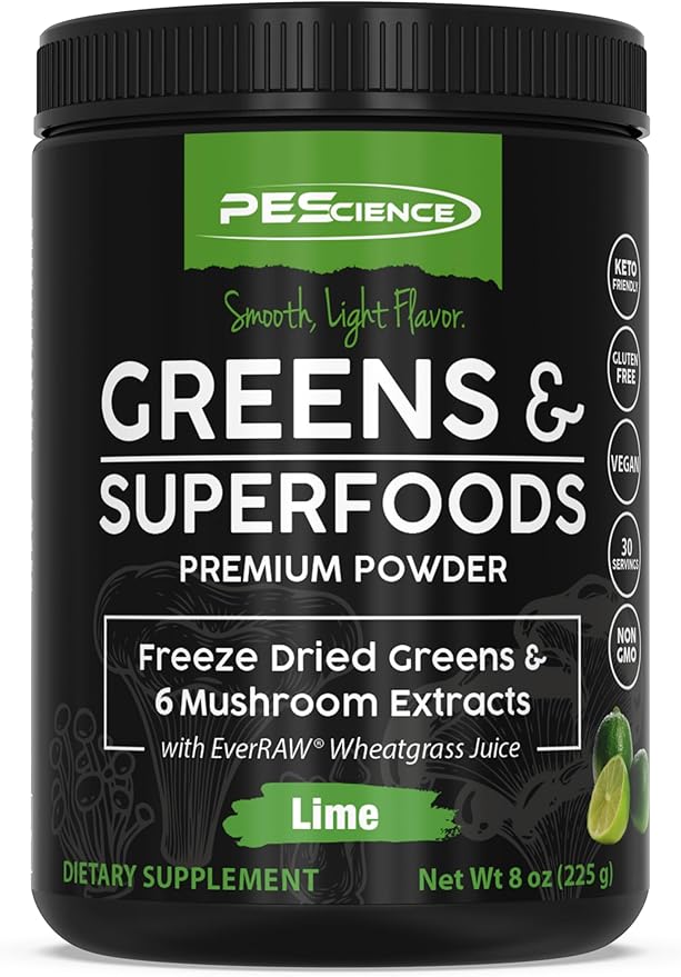 PEScience Greens & Superfoods Powder, Lime Flavor, 30 Servings, Natural Chlorophyll with Turkey Tail Mushroom & Fruit Extracts Blend