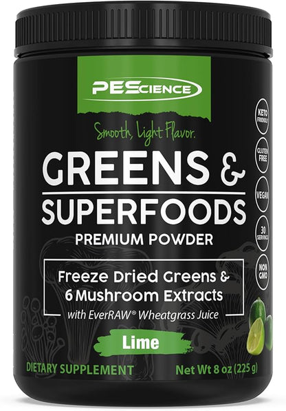 PEScience Greens & Superfoods Powder, Lime Flavor, 30 Servings, Natural Chlorophyll with Turkey Tail Mushroom & Fruit Extracts Blend