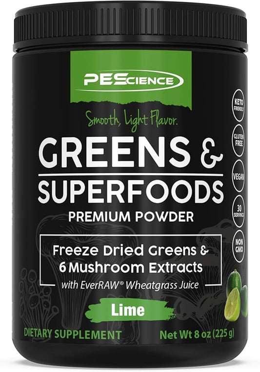 PEScience Greens & Superfoods Powder, Lime Flavor, 30 Servings, Natural Chlorophyll with Turkey Tail Mushroom & Fruit Extracts Blend