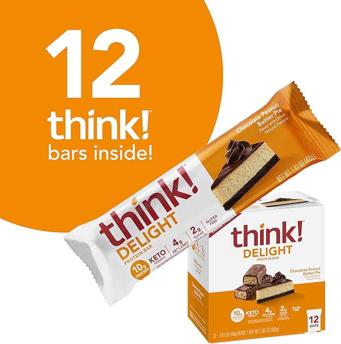 think! Delight Protein Bars, Gluten Free Snack - Chocolate Peanut Butter Pie, 12 Count (Packaging May Vary)