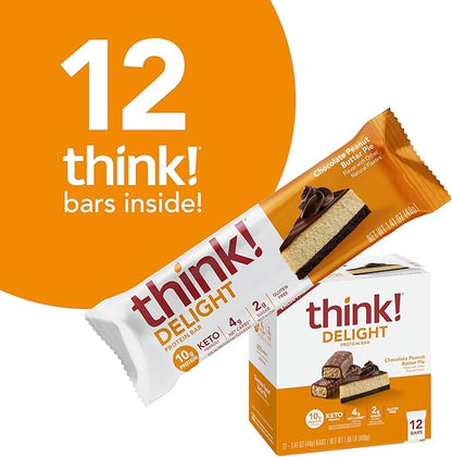 think! Delight Protein Bars, Gluten Free Snack - Chocolate Peanut Butter Pie, 12 Count (Packaging May Vary)