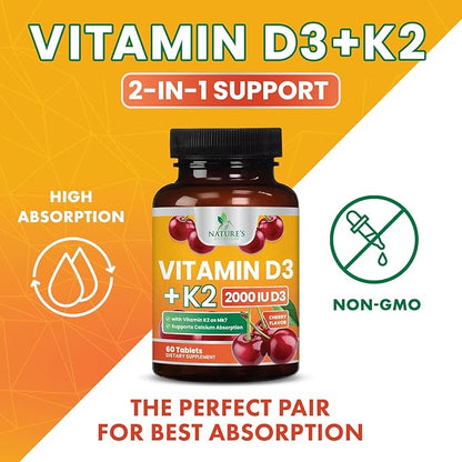 Vitamin D3 K2 as MK-7 2000iu of D3 & 75mcg K2, K2, Vitamin K2 D3 D3 Bone 60 Chewable