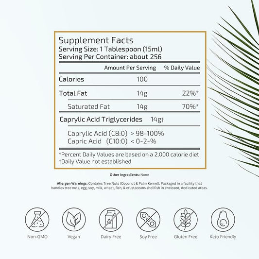 VitaTradingCo. 100% Pure C8 MCT Oil | 3X Distilled Caprylic Acid | Healthy Fat for Clean Energy | Sustainably Sourced | Non-GMO, Paleo, Keto | 128oz, 256 Servings (Unflavored)