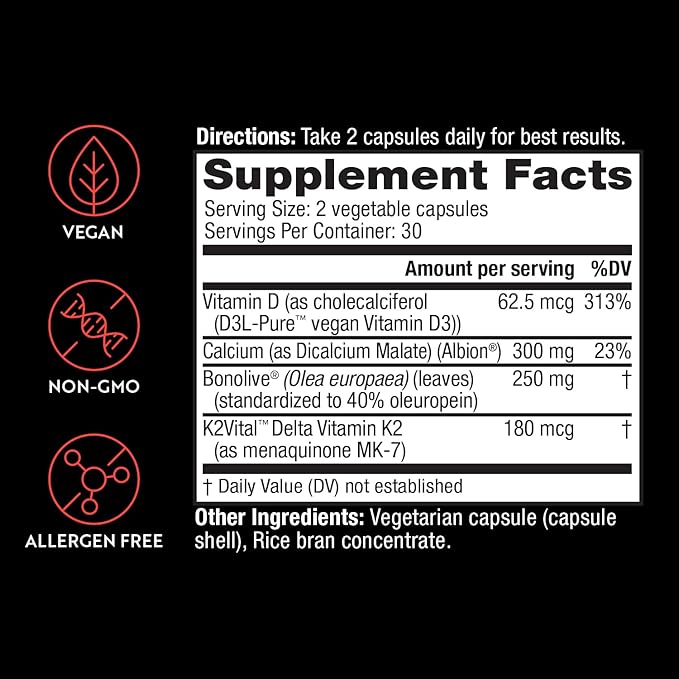 Osteo Plus Supplement, 300 mg Calcium 250mg Bonolive K2 and D3, Supports 60 Veggie
