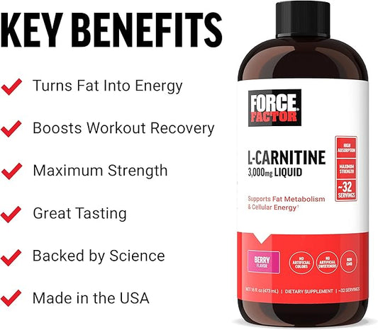 Force Factor L Carnitine Supplement, Liquid L-Carnitine 3000 mg to Help Turn Fat Into Energy, Support Muscle Recovery, and Boost Cellular Energy, Maximum Strength, Non-GMO, Berry Flavor, 16 Oz.
