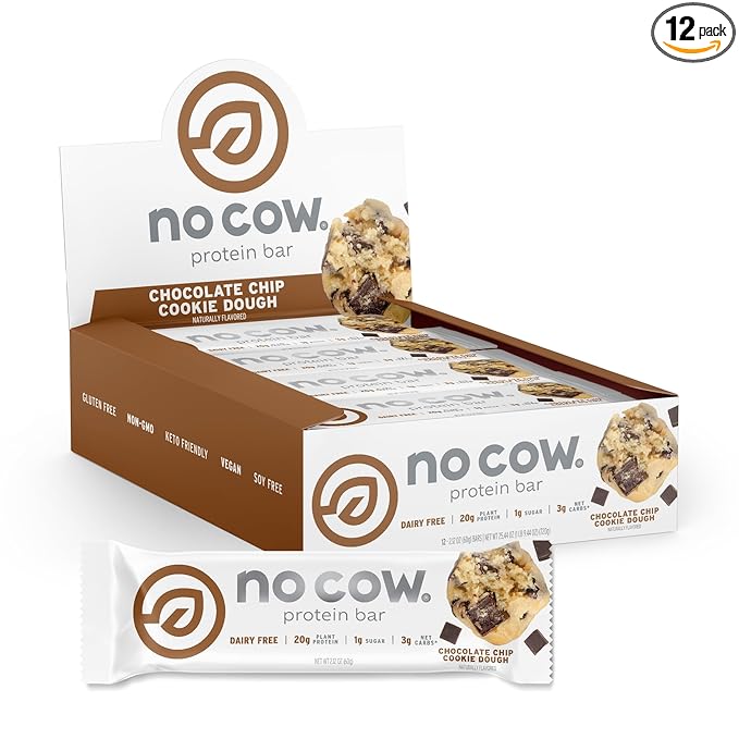 No Cow High Protein Bars, Chocolate Chip Cookie Dough - Healthy Snacks, 20g Vegan Protein, High Fiber, Low Sugar, Keto Friendly, Dairy & Gluten Free (12 Count)