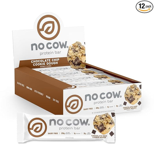 No Cow High Protein Bars, Chocolate Chip Cookie Dough - Healthy Snacks, 20g Vegan Protein, High Fiber, Low Sugar, Keto Friendly, Dairy & Gluten Free (12 Count)