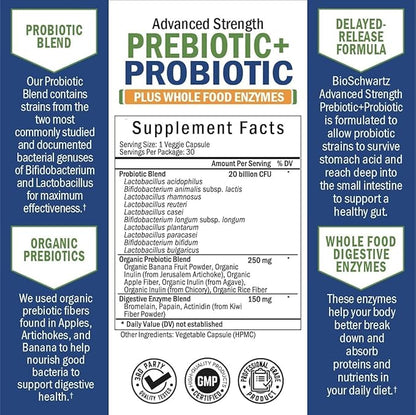 Prebiotics and Probiotic with Whole Food Enzymes for Adults Women & Men - Probiotics Lactobacillus Acidophilus - Digestive Health Capsules Shelf Stable Supplement - Non-GMO Gluten & Dairy Free -30ct