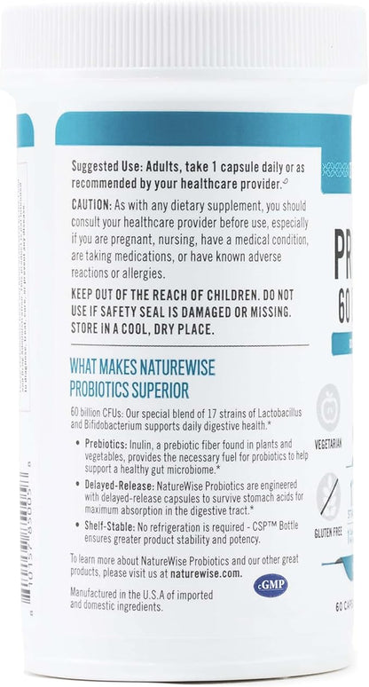 NatureWise Probiotics 60 Billion CFU - 17 Strains + Organic Prebiotics - Immune, Digestive & Gut Health Support for Women & Men - Vegetarian, Gluten-Free, Non-GMO - 60 Capsules[2-Month Supply]