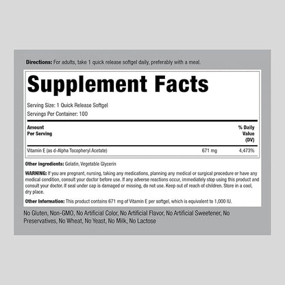 Piping Rock Vitamin E 1000 IU 671mg | 100 Softgel