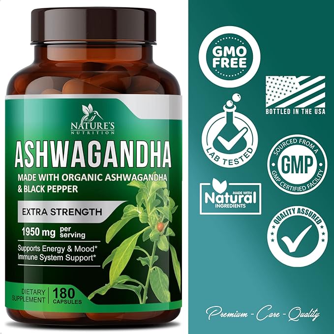 Nature's Nutrition Organic Ashwagandha Capsules Extra 1950mg - 180 Capsules