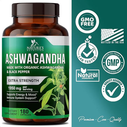 Nature's Nutrition Organic Ashwagandha Capsules Extra 1950mg - 180 Capsules